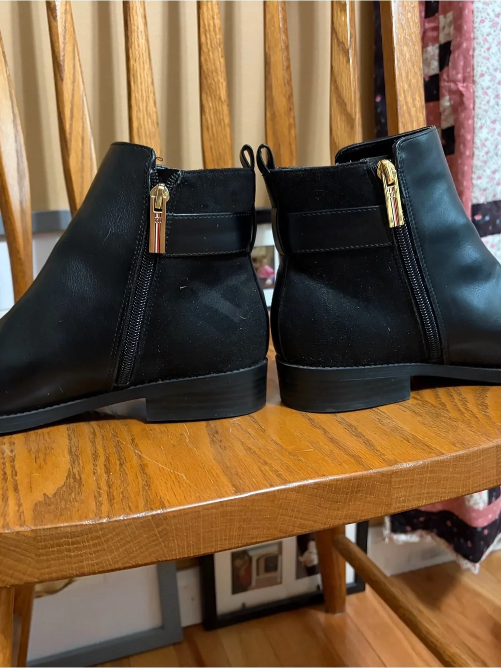 Tommy Hilfiger Black Leather Ankle Booties with Gold Accent